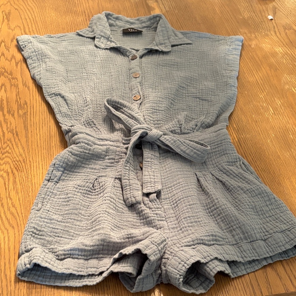 Vici light blue textured linen romper